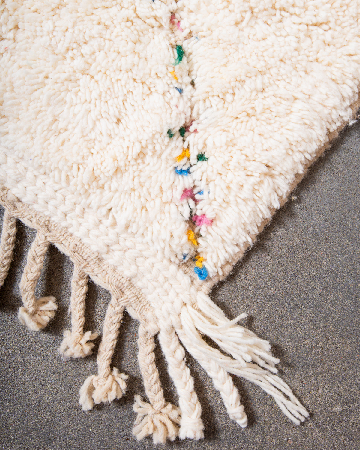 Modern, designer, handcrafted Berber rug from Morocco. Beniourain carpet with beautiful colours and patterns and fluffy wool texture.